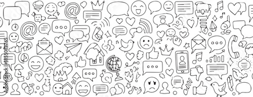Doodle Social Media Icons and Communication Symbols Seamless Pattern.