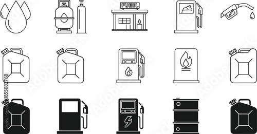 Fuel icon illustration set, gas pump jerry can nozzle barrel station symbols, black vector, cad drawing flat vector illustration
