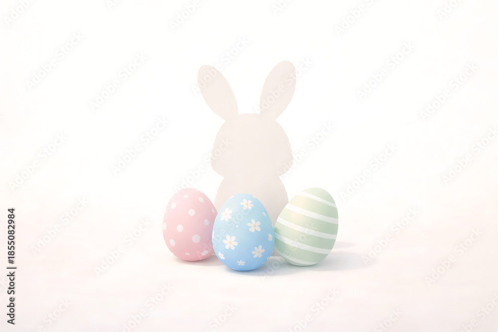 Fototapeta premium Minimal bunny silhouette with Easter eggs, soft shadows, clean modern poster