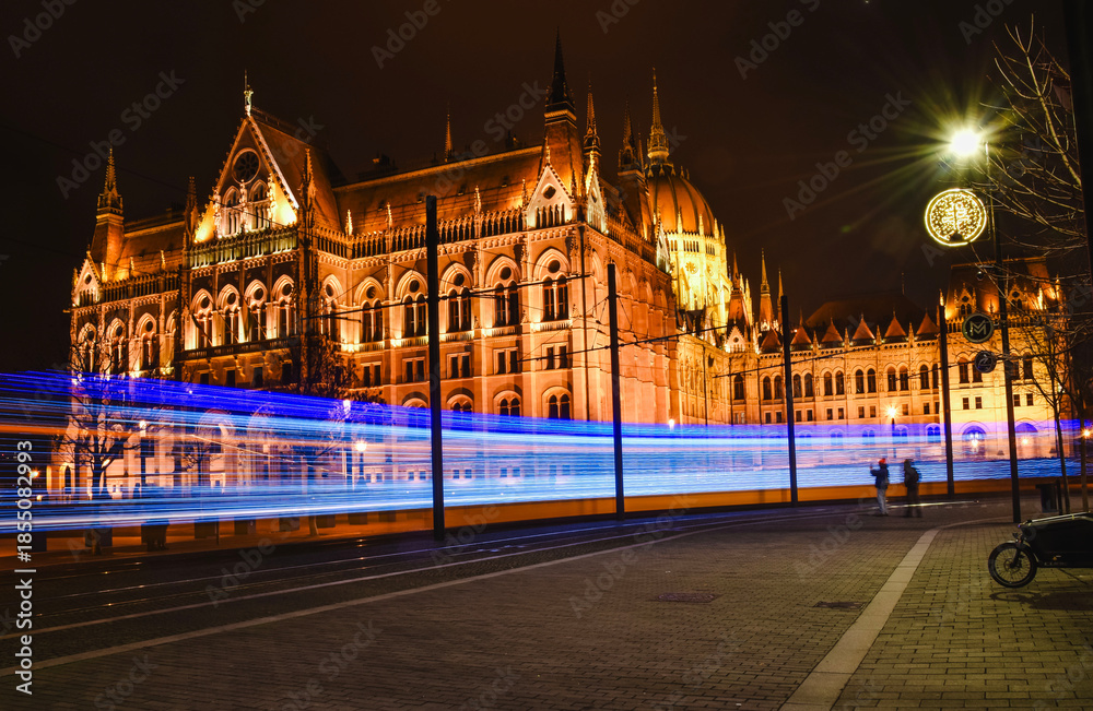 Obraz premium Light Trail Tram in Front of the Hungarian Parliament at Night