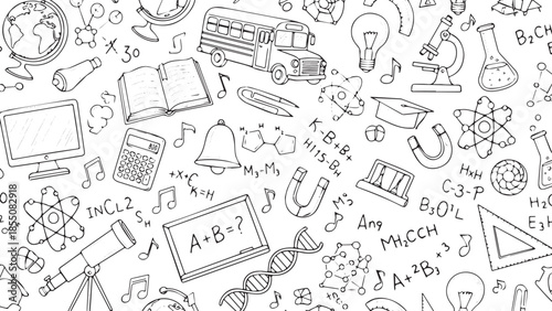 Educational Science and Math School Supplies Doodle Pattern.