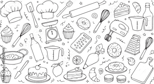 Hand drawn baking and cooking utensils with various desserts and ingredients.