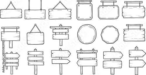 Wooden signboard illustration set, rustic hanging and mounted styles, black line vector, flat cad drawing, UI map elements