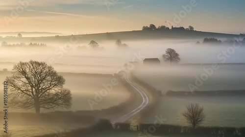Misty Morning Landscape with Rolling Hills and a Winding Road.