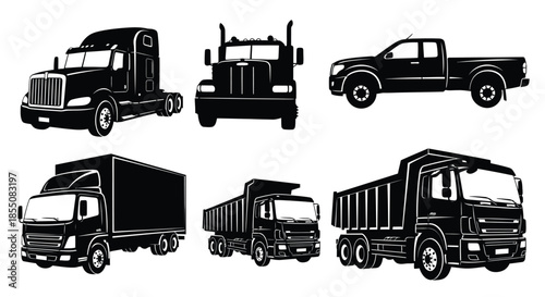 Variety of commercial trucks and vehicles in a black and white illustration