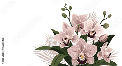 Corner arrangement of delicate pink orchid flowers and tropical green palm leaves is shown on a white background.