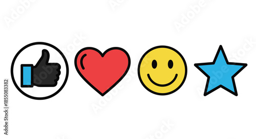 A row of colorful emoji icons thumbs up heart smiley and star