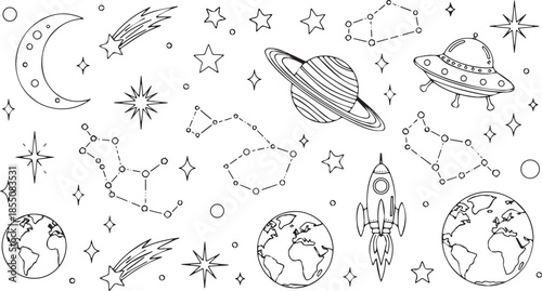 Hand drawn space elements set with planets stars and rockets.