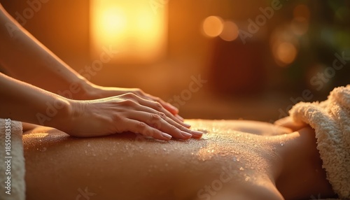 Woman gets back scrub massage in warm amber light. Hands apply scrub onto skin for exfoliation and relaxation. Spa treatment promotes wellness and rejuvenation indoors.