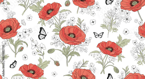 Seamless pattern of vibrant red poppies and black and white butterflies is shown on a clean white background.
