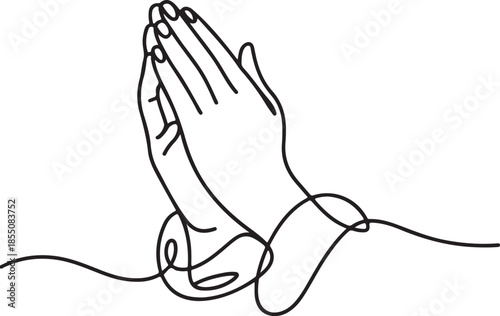 Continuous single line drawing of hands folded in prayer gesture on transparent background