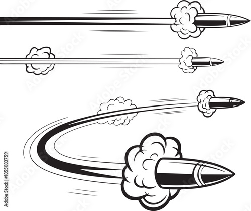 Set of flying bullets with speed motion lines and curved path on transparent backdrop