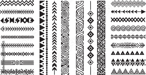 Set of black and white tribal borders and dividers with various ethnic patterns.