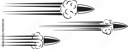 Three black silhouettes of flying bullets with speed lines and smoke on transparent background