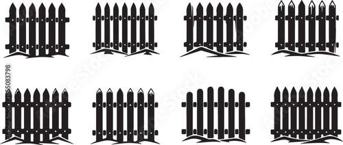 Set of eight black silhouette picket fences with varying designs.