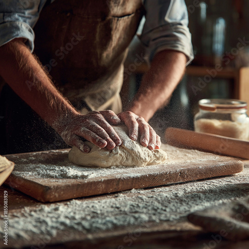 close up of a man kneading dough