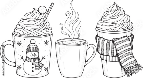 Three festive hot beverages with whipped cream and snowman mug.
