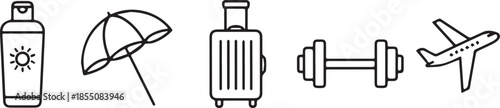 Travel and Leisure Icons Sunscreen Umbrella Luggage Dumbbell and Airplane.
