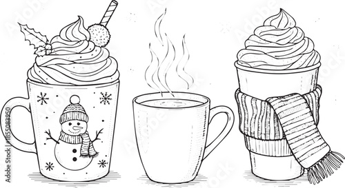 Three festive winter hot drinks with whipped cream and toppings.