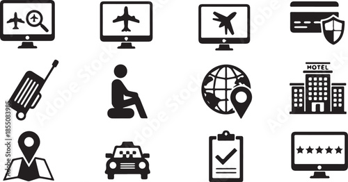 Travel and tourism icons set for online booking and vacation planning.