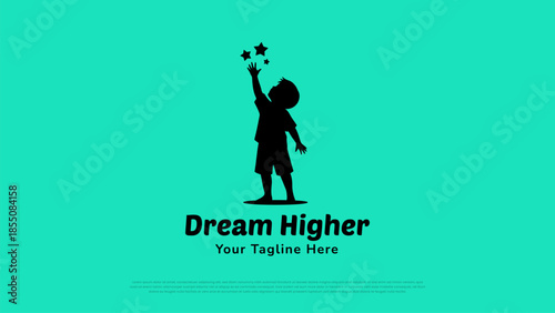 Inspirational Dream Higher logo featuring a child silhouette reaching for stars. Ideal for education brands, motivational programs, charities, kids projects, posters, campaigns, and positive branding 