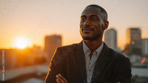 Wallpaper Mural Confident man enjoying sunset view on rooftop in urban setting Torontodigital.ca