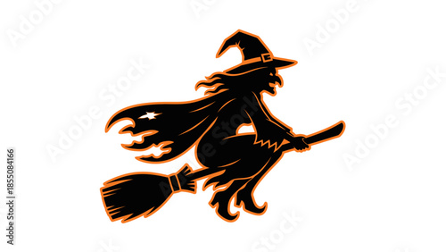 Halloween Witch Flying Silhouette on Broomstick, Orange Outline, Isolated
