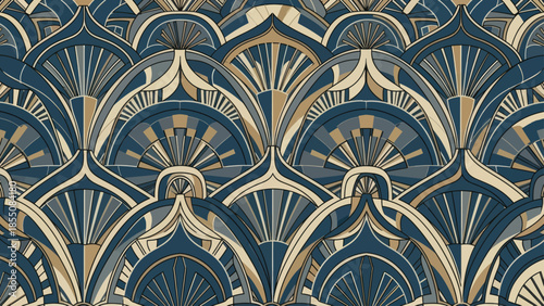 Art Deco Fan Pattern Seamless Background - Blue, Beige, Grey Geometric Design