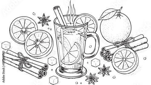 Warm Winter Drink with Orange Slices and Cinnamon Sticks.