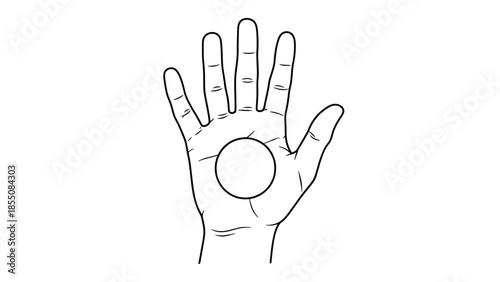 Palmistry hand illustration with circle in center, fortune telling concept