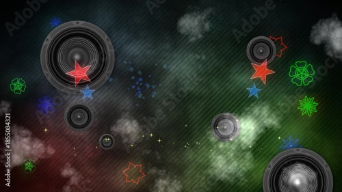 Musical party background colorful sound speakers with motion smokey environment