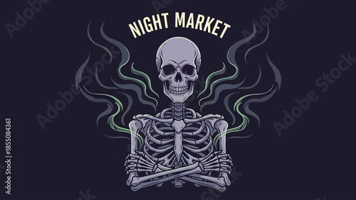 Skeleton with smoke and text 'NIGHT MARKET'