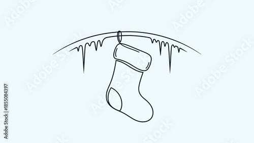 Christmas stocking hanging from icicles, minimalist line art drawing