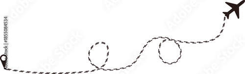 Airplane flight path doodle icon. Dotted map route for travel and journey, dash line air plane route. Vector illustration. 