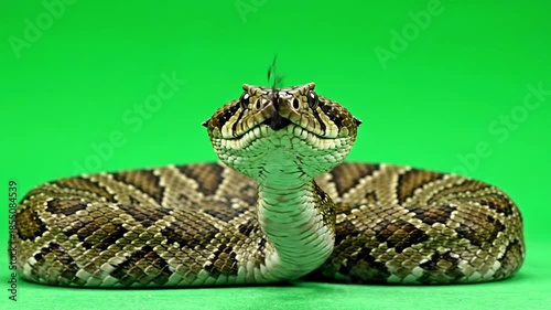 Close up of a venomous rattlesnake coiled on a green background.