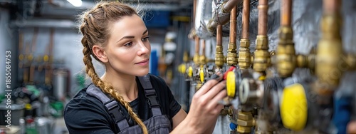 a woman in a workshop setting, engaged with plumbing fixtures. she appears to be a worker examining the back of a valve, possibly for maintenance or installation purposes