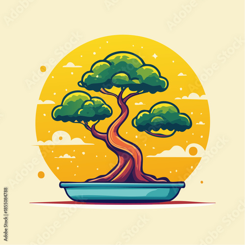 Cartoon bonsai tree in a blue pot against a yellow background.
