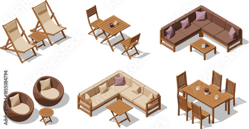 Set of Isometric Wooden Outdoor Patio Furniture Icons Featuring Lounge Chairs Garden Dining Tables Sectional Sofas and Modern Terrace Seating Arrangements (22 words)