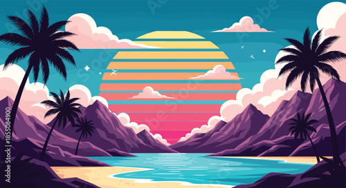 Retro aesthetic sunset landscape depicts a tropical beach with purple mountains and palm trees under a striped sun.