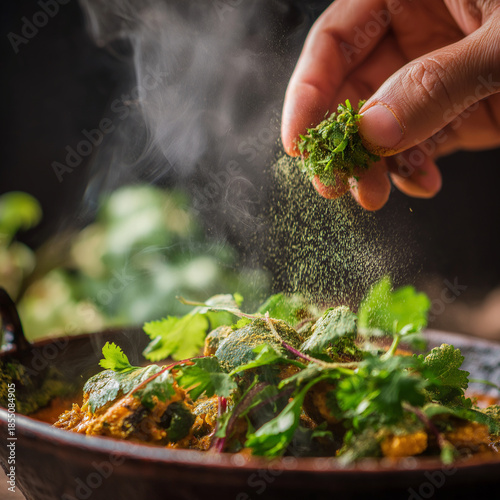 chef cooking in the pan, adding herbs