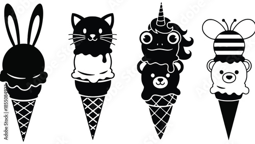 Four stylized ice cream cones with animal faces and ears.