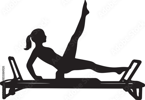 a Woman Doing Pilates Leg Exercise on a Reformer Machine for Core Strength and Flexibility silhouette vector