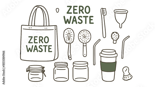 Zero waste items are displayed on a white background.