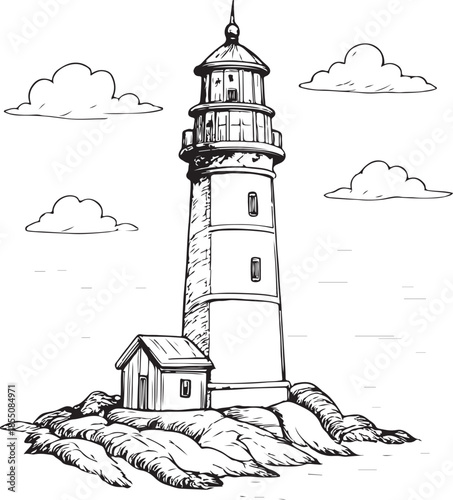 Coastal lighthouse line art sketch isolated sea landmark maritime navigation beacon vector