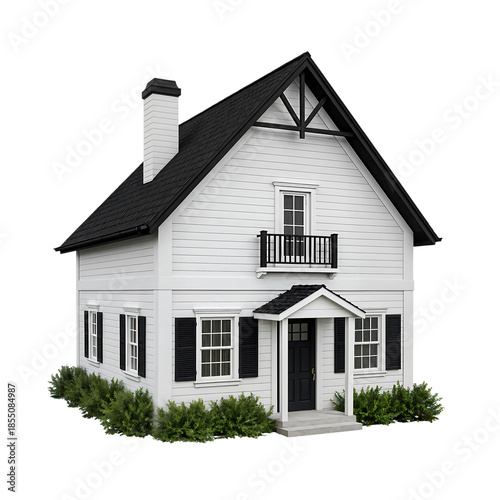 Charming White House with Black Roof and Shutters
