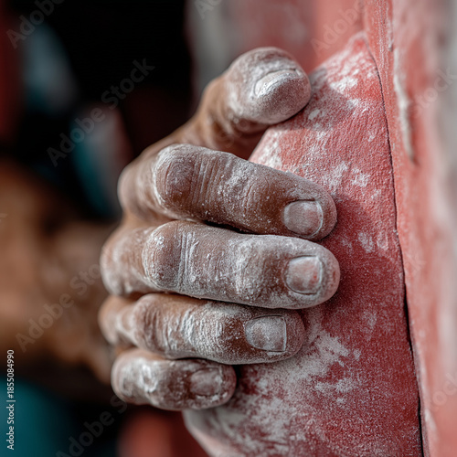 chalked hand of a rock climber