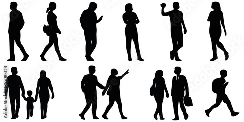 People Silhouette Set Walking Standing Talking and Family Poses Isolated on Transparent Background