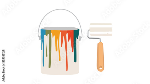 A bucket of paint with drips and a paint roller are shown.