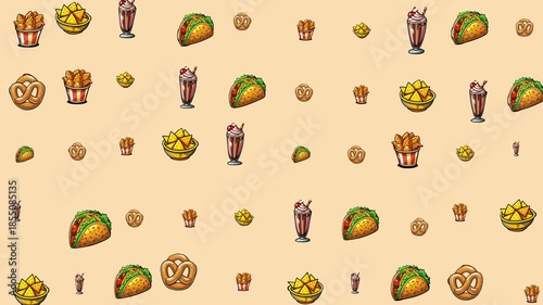 Repeating pattern of cartoon tacos, fries, pretzels, and milkshakes suitable for food packaging, menu design, childrens products, and textiles.