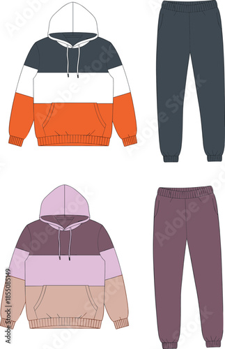 Hoodie, sweatpants, color-block, fashion, sketch, front, back, silhouette, posture, gesture, setup, vector, black, pose, flavector, minimal, garment, technical, flat, cad drawing flat vector